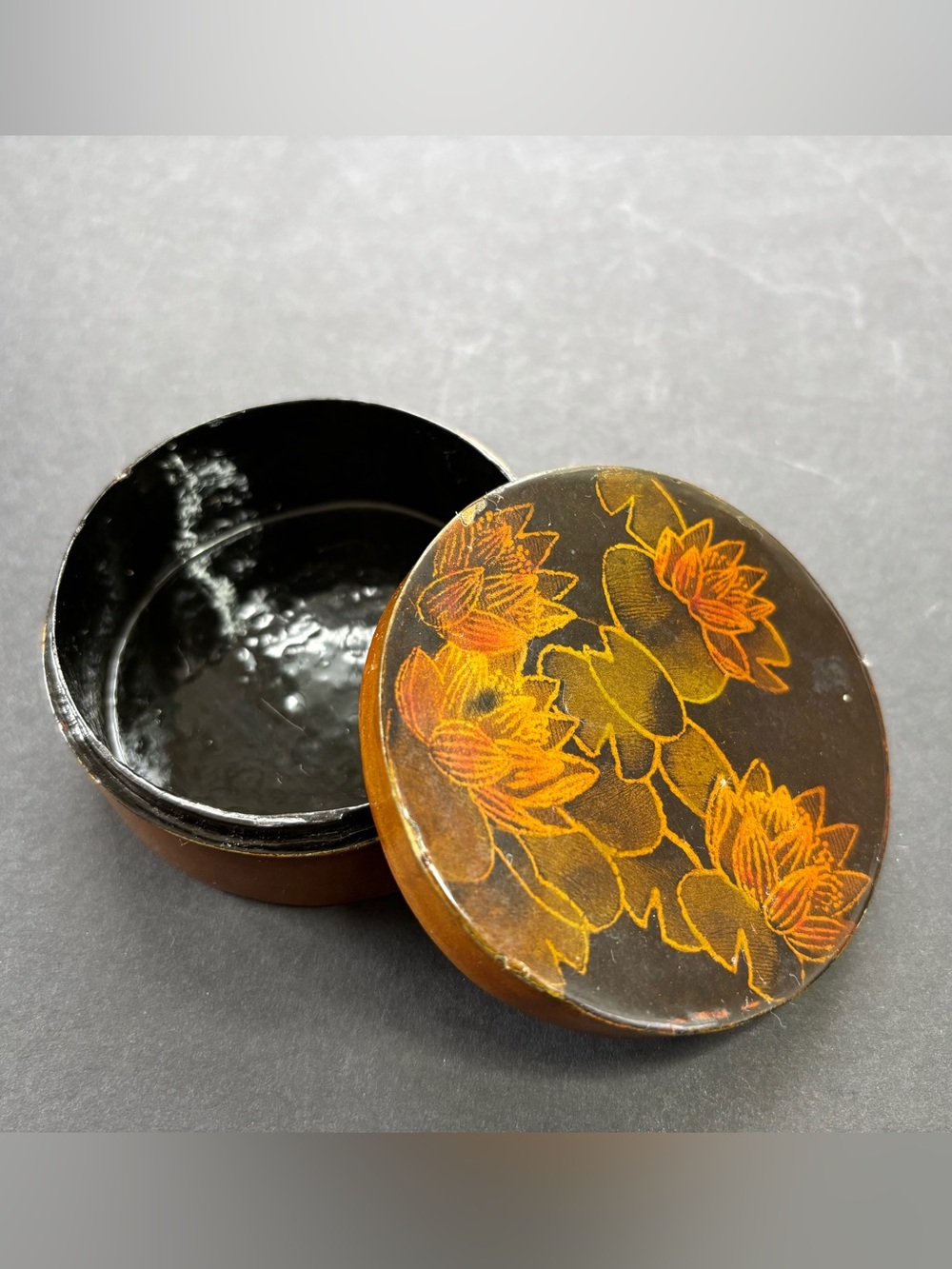 Vintage Black Lacquer Round Trinket Box Hand Painted Orange Lotus Flower